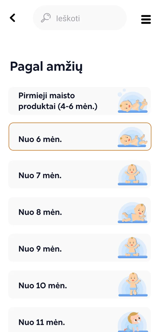 Programėlės ekranas „Pagal amžių“