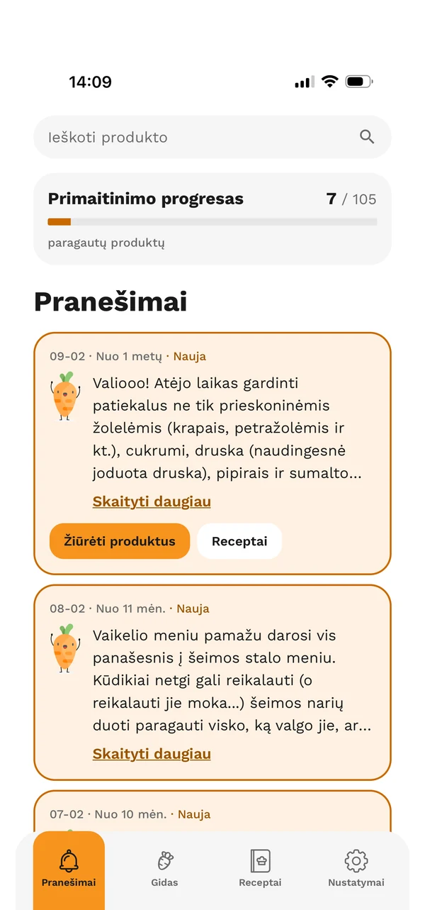 Programėlės ekranas „Pranešimai“ su primaitinimo progresu