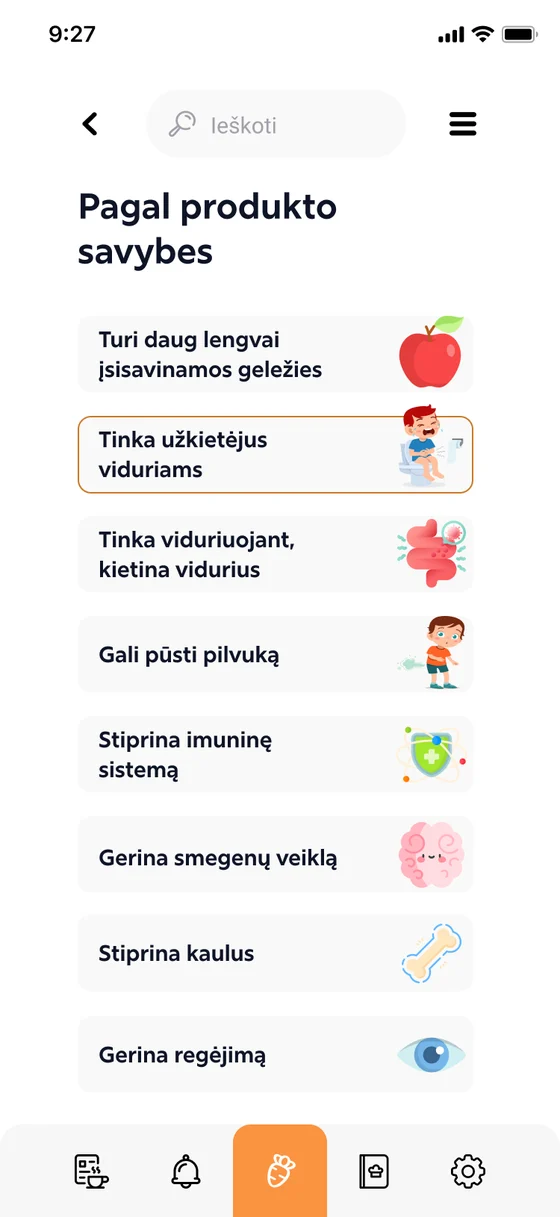 Programėlės ekranas „Pagal produkto savybes“
