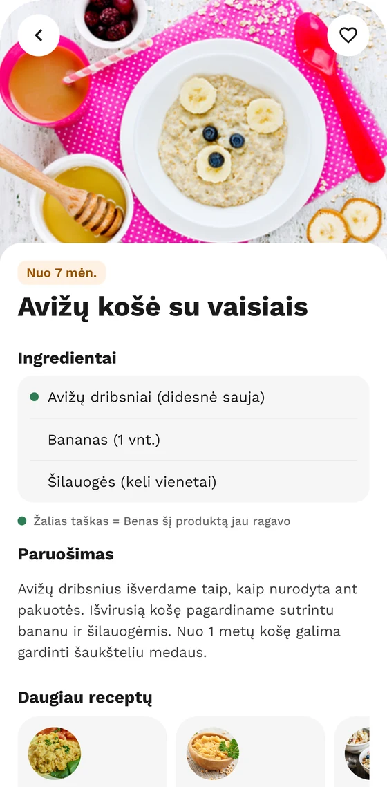 Recepto ekranas programėlėje: avižų košė su vaisiais
