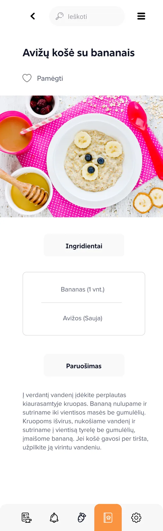 Recepto ekranas programėlėje