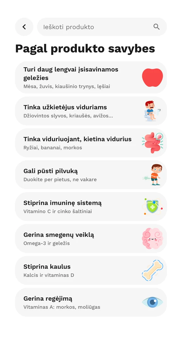 Programėlės ekranas „Pagal produkto savybes“